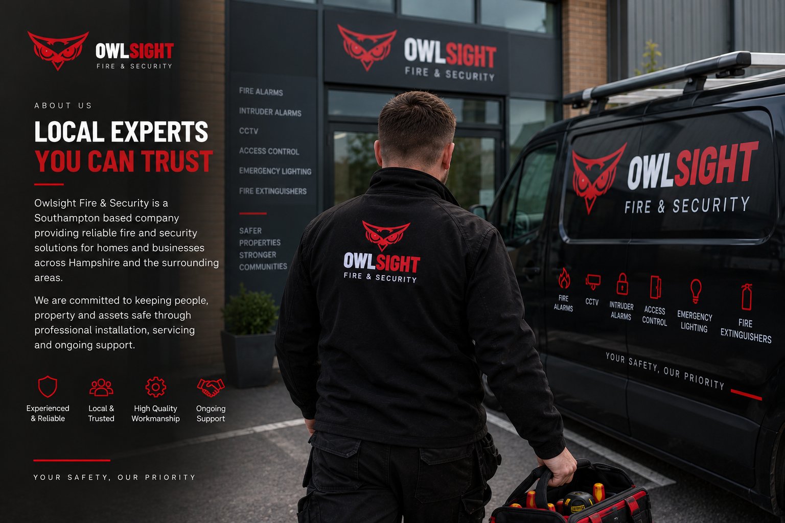 Owlsight engineer arriving on site with the branded Owlsight van