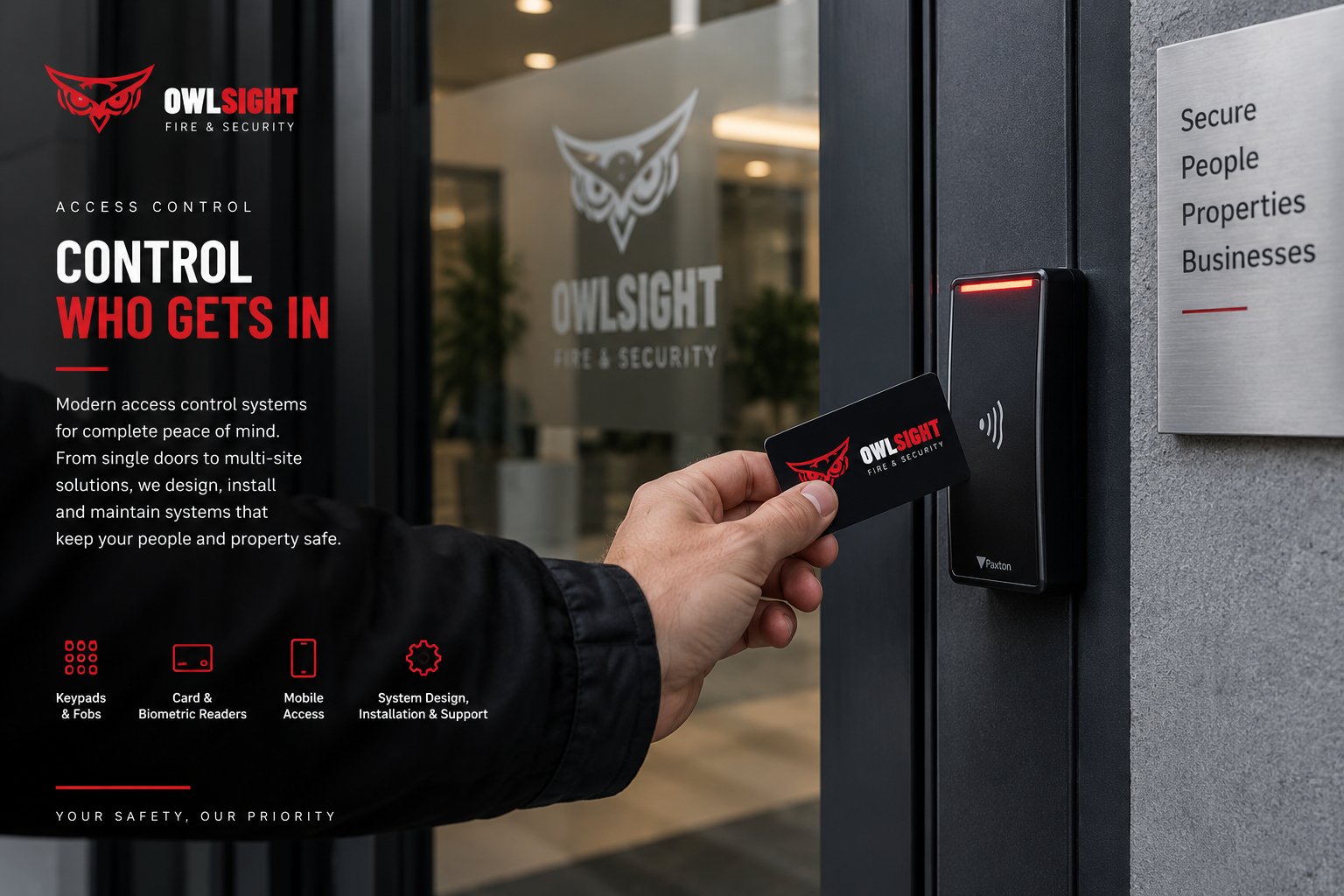 Owlsight branded access card being used on a Paxton door reader