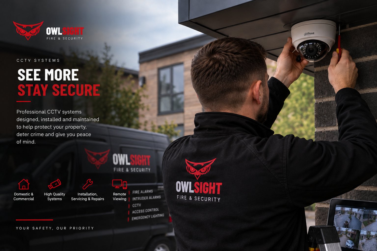 Owlsight engineer installing a Dahua CCTV camera outside a building