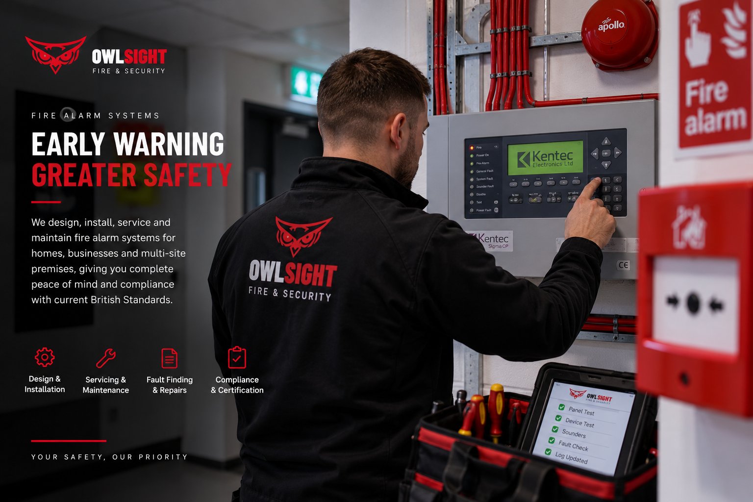 Owlsight engineer testing a Kentec fire alarm control panel