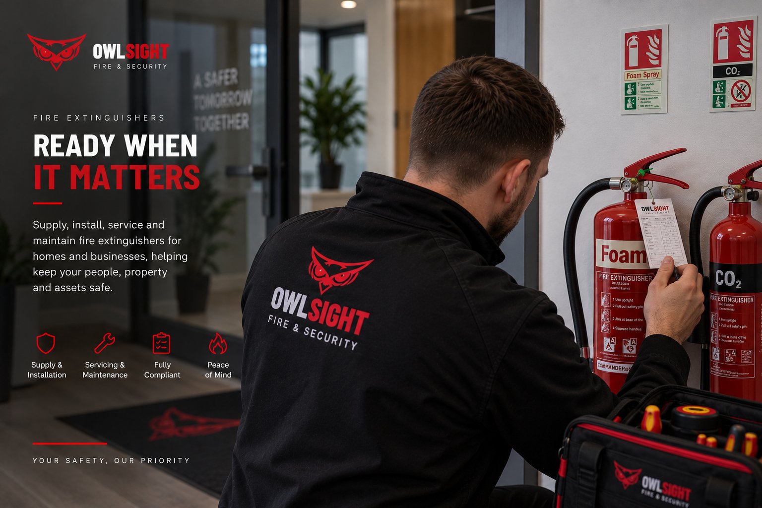 Owlsight engineer tagging a foam fire extinguisher during a service visit