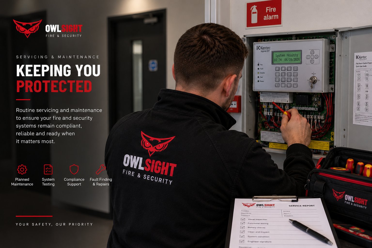 Owlsight engineer servicing a fire alarm control panel and logging a report